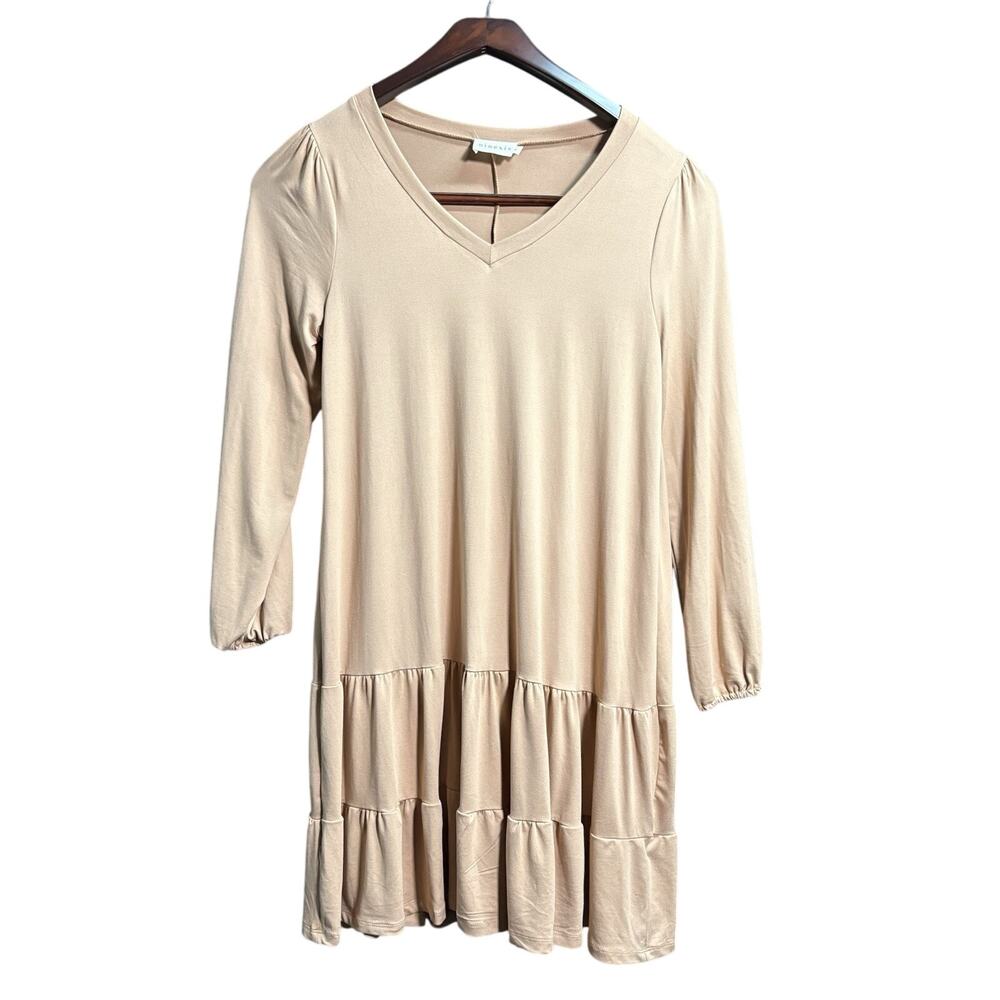 Ninexis Women’s Medium Dress Tan V-Neck Long Sleeve Tiered Ruffle Hem Casual